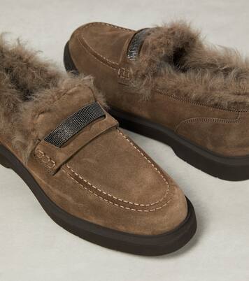 Monili shearling-trimmed suede loafers | Brunello Cucinelli