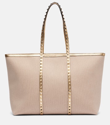 Rockstud Large leather and canvas tote bag | Valentino Garavani