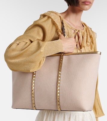 Rockstud Large leather and canvas tote bag | Valentino Garavani