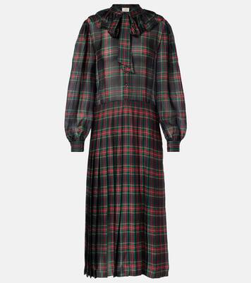Checked pleated silk charmeuse midi dress | Saint Laurent
