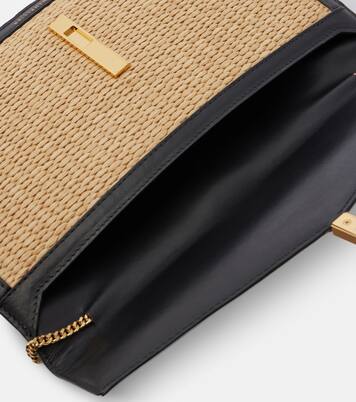 Tokyo leather-trimmed raffia clutch | DeMellier