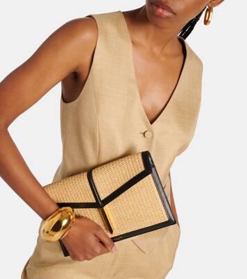 Tokyo leather-trimmed raffia clutch | DeMellier