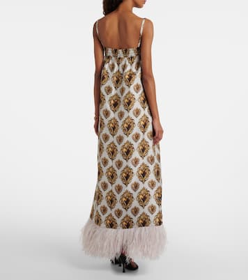 Feather-trimmed printed silk maxi dress | Dolce&Gabbana