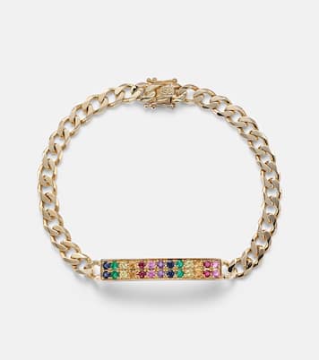 Bracelet chaîne Diamond Id Bar en or jaune 14 ct et saphirs | Sydney Evan