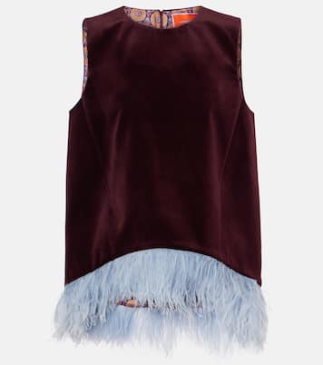 La Scala feather-trimmed cotton velvet top | La DoubleJ