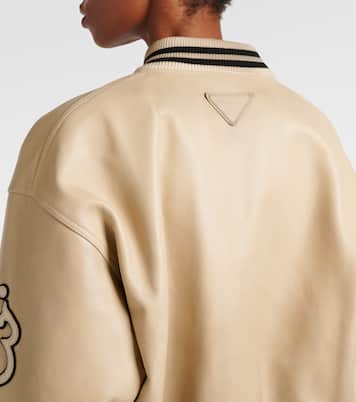 Patch-appliqué padded leather varsity jacket | Prada