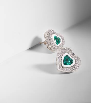 Heart 18kt gold stud earrings with diamonds and emeralds | Kamyen