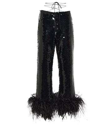 Feather-trimmed sequined straight pants | Magda Butrym