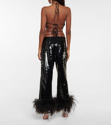 Feather-trimmed sequined straight pants | Magda Butrym