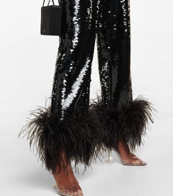 Feather-trimmed sequined straight pants | Magda Butrym