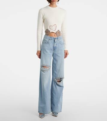 Distressed embellished wide-leg jeans | Area