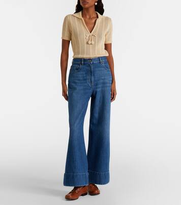 Leather-trimmed wide-leg jeans | Valentino