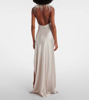 Jazzy feather-trimmed satin gown | The New Arrivals Ilkyaz Ozel