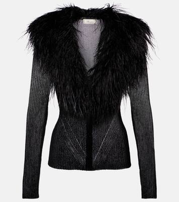 Feather-trimmed ribbed-knit cardigan | Blumarine