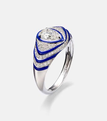 Anello per mignolo Striped Pear in oro bianco 18kt e smalto con diamanti | Kamyen