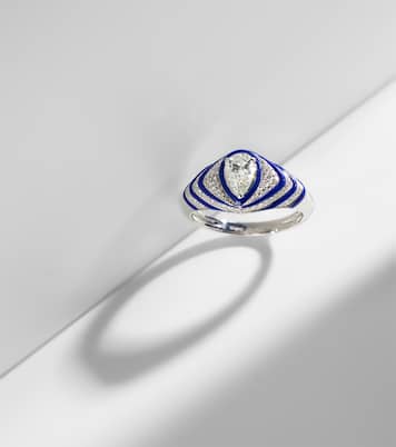Anello per mignolo Striped Pear in oro bianco 18kt e smalto con diamanti | Kamyen