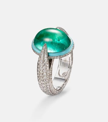 Anello in oro bianco 18kt con smeraldi e diamanti | Kamyen