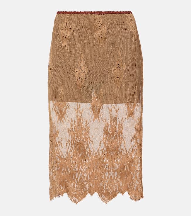 Layered leather-trimmed lace midi skirt | Jacques Wei