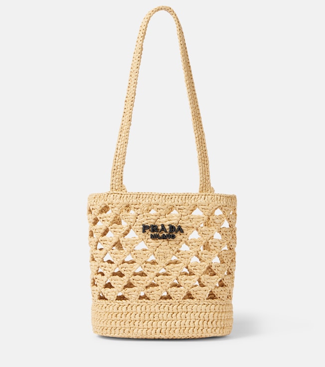 Logo raffia-effect crochet tote bag | Prada