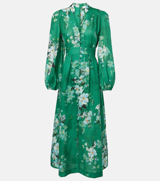 Everley Plunge floral linen midi dress | Zimmermann