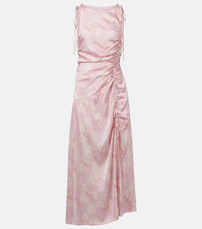 Floral gathered satin midi dress | Ganni