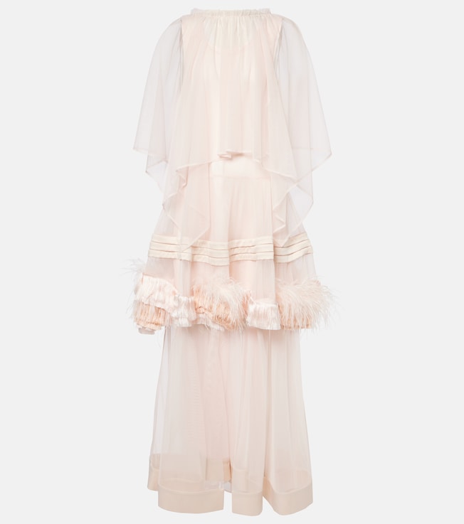 Feather-trimmed ruffled tulle gown | Xu Zhi