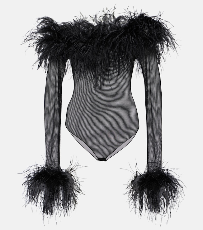 Feather-trimmed mesh bodysuit | Oséree
