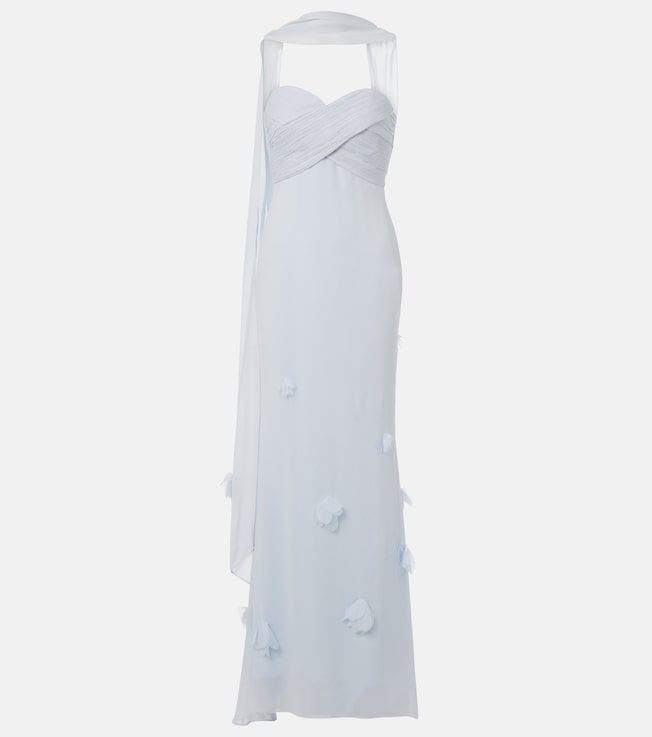 Floral-appliqué silk-detail georgette gown | Self-Portrait