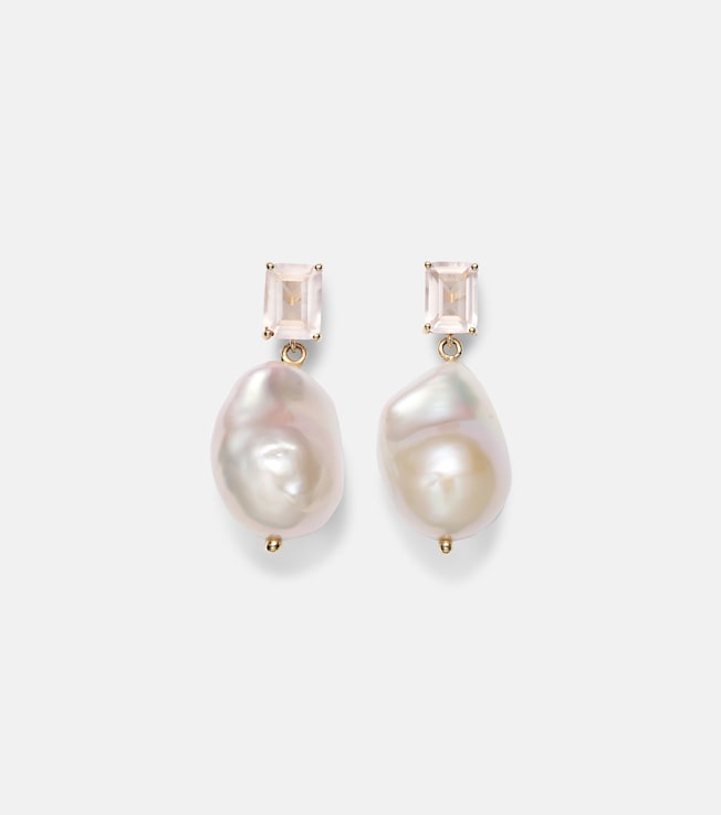 14kt gold drop earrings with rose quartz and Baroque pearls | Mateo