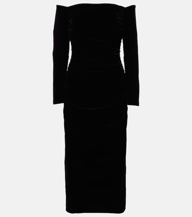 Off-shoulder ruched velvet midi dress | Carolina Herrera