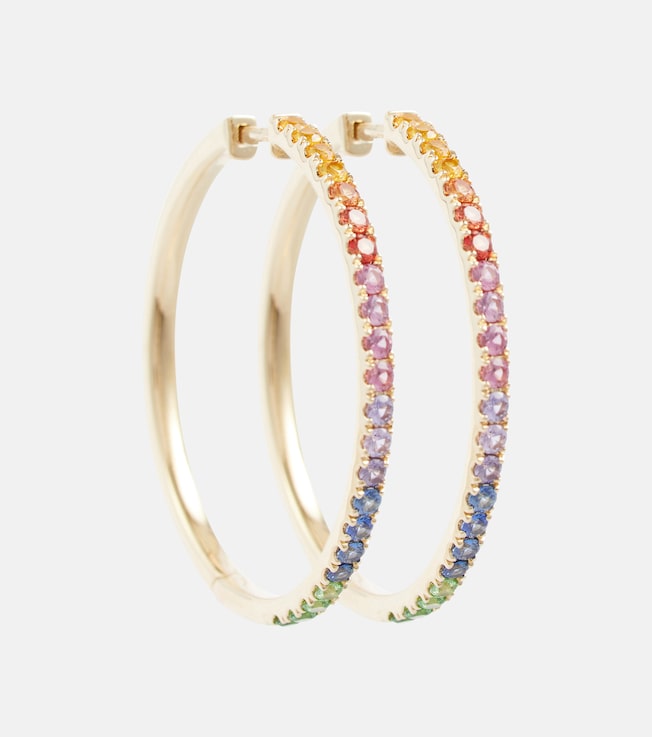 Giant Rainbow Orb 14kt gold hoop earrings with sapphires and tsavorites | Robinson Pelham