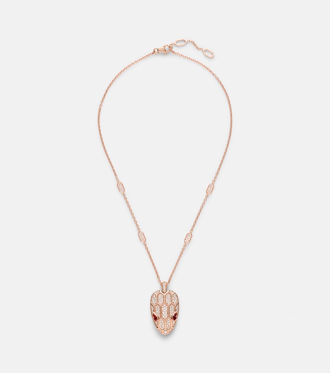 Serpenti Seduttori 18kt rose gold pendant necklace with diamonds and rubellites | Bvlgari