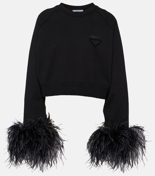 Feather-trimmed cotton sweatshirt | Prada