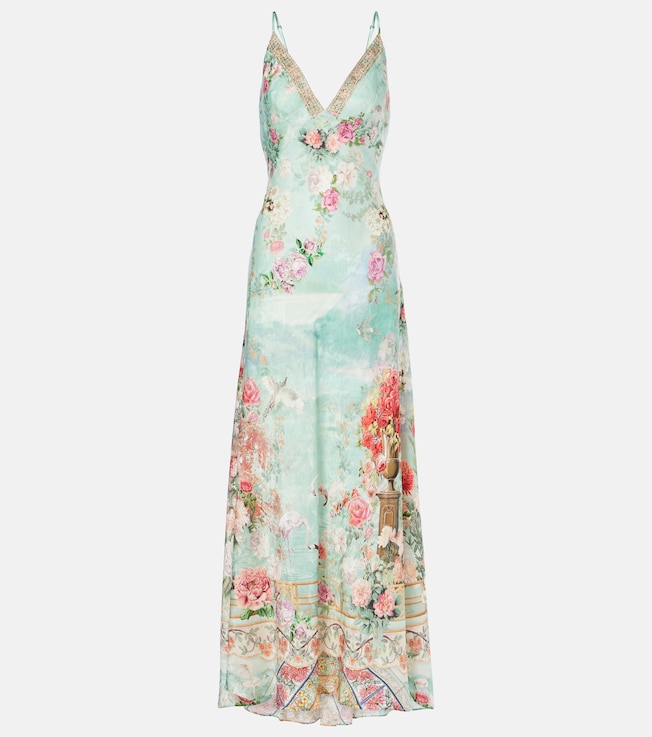 Printed ruffled satin slip dress | Camilla