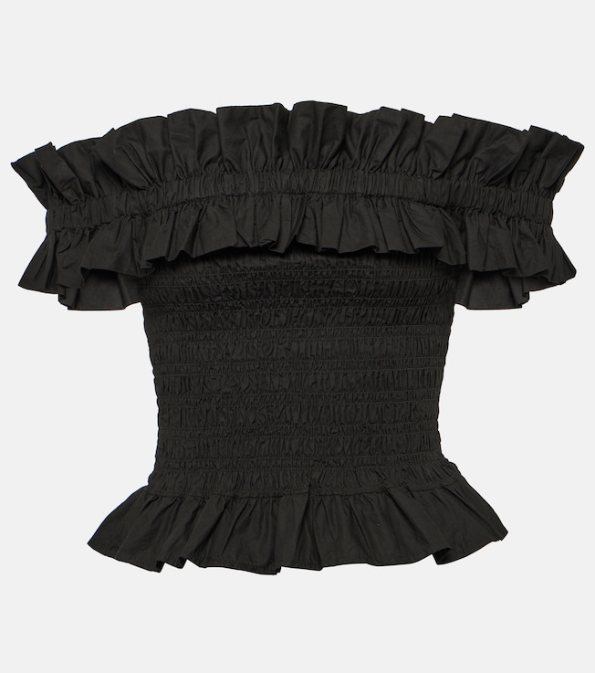 Smocked off-shoulder cotton poplin top | Ganni