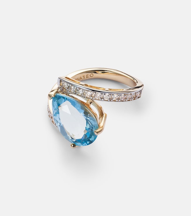 Slanted 14kt gold ring with topaz and diamonds  | Mateo