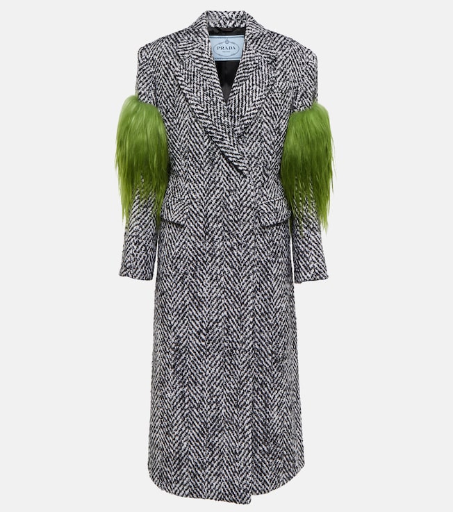 Shearling-trimmed tweed coat | Prada