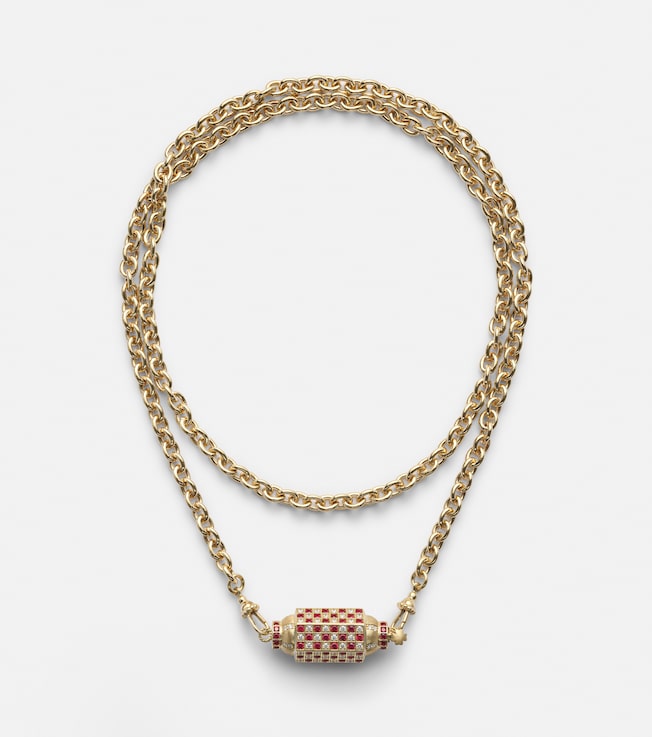 Check 18kt gold locket necklace with diamonds and rubies | Marie Lichtenberg