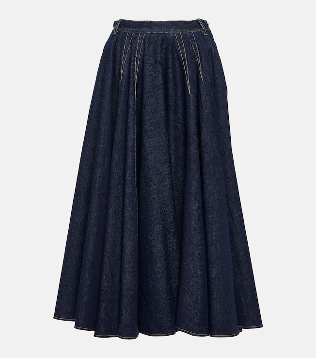 Pleated high-rise denim midi skirt | Alaïa