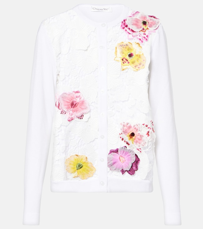 Floral-appliqué cotton-blend cardigan | Oscar de la Renta
