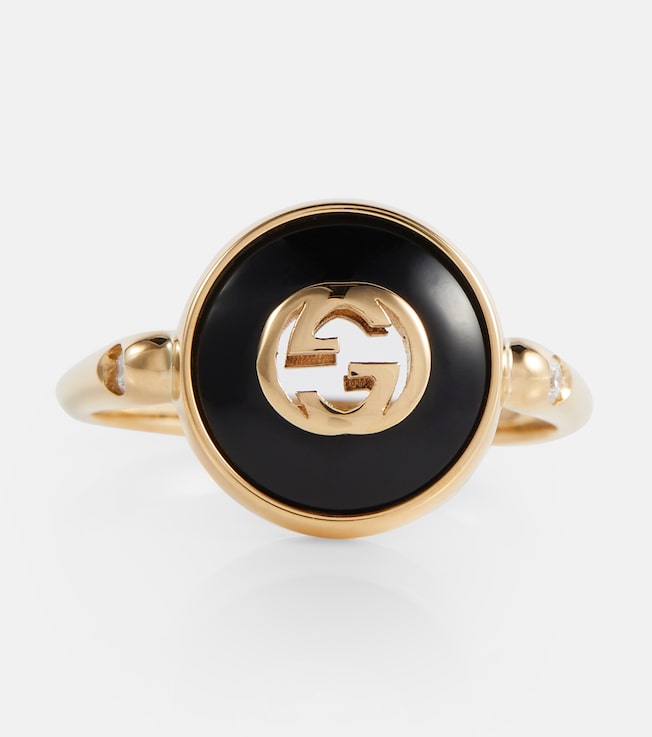 Interlocking G 18kt gold ring with onyx and white diamonds  | Gucci