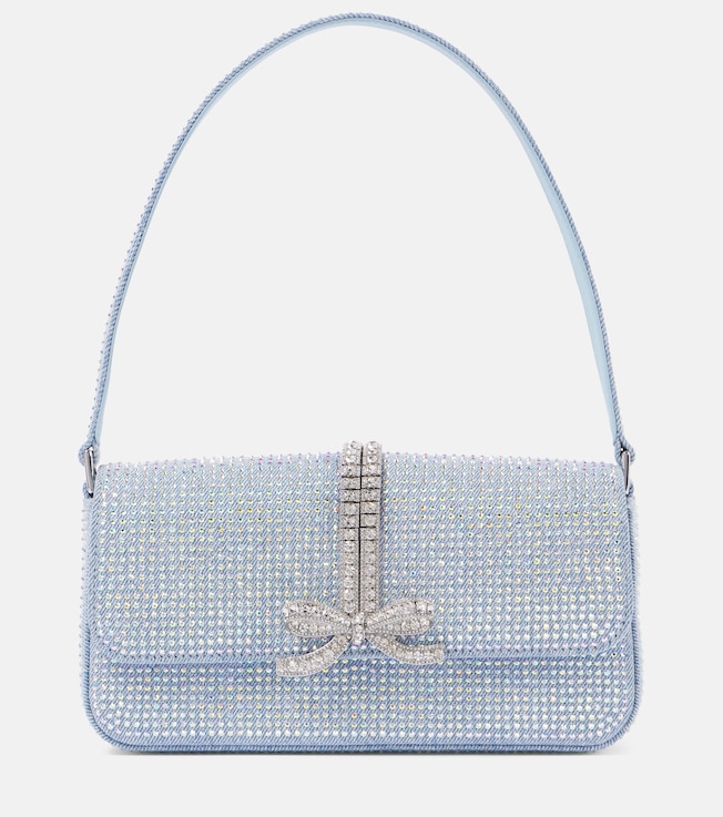 Bow-detail embellished denim shoulder bag | Self-Portrait