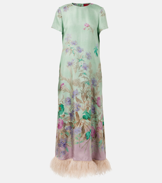 Swing feather-trimmed silk maxi dress | La DoubleJ
