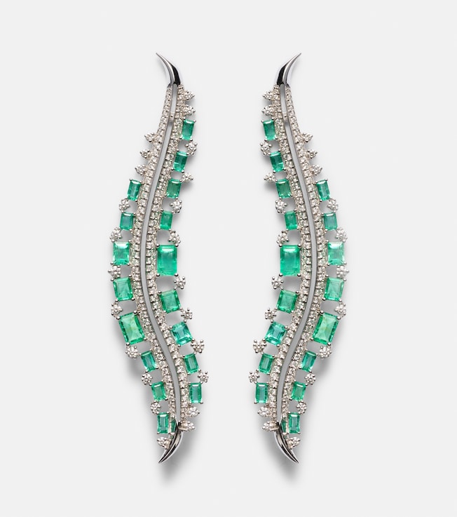 Scatter 18kt white gold earrings with diamonds and emeralds | Ananya