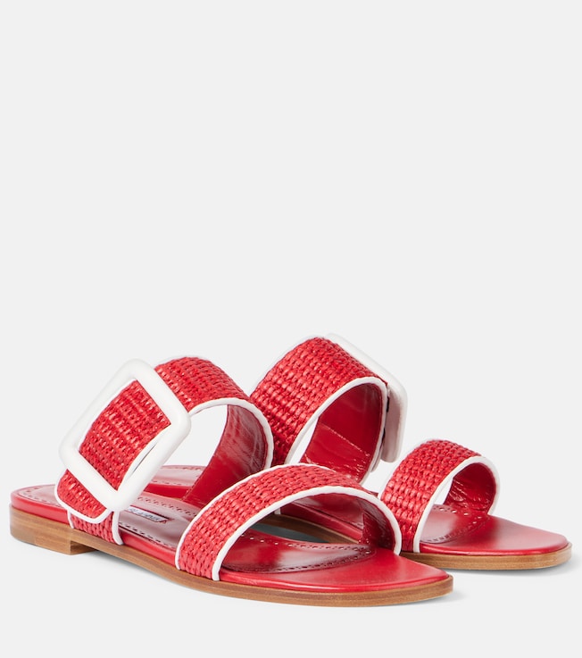 Tituba leather-trimmed raffia sandals | Manolo Blahnik