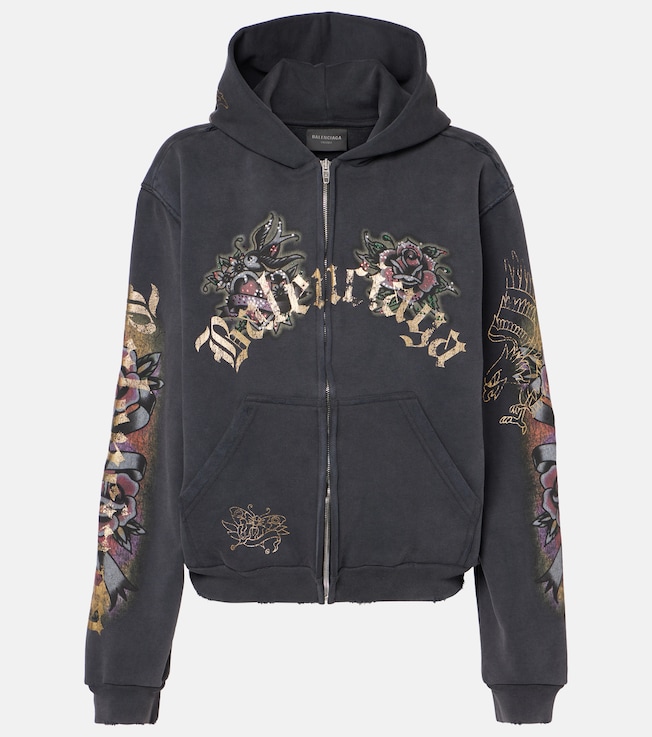 Tacky Tattoo distressed cotton fleece hoodie | Balenciaga