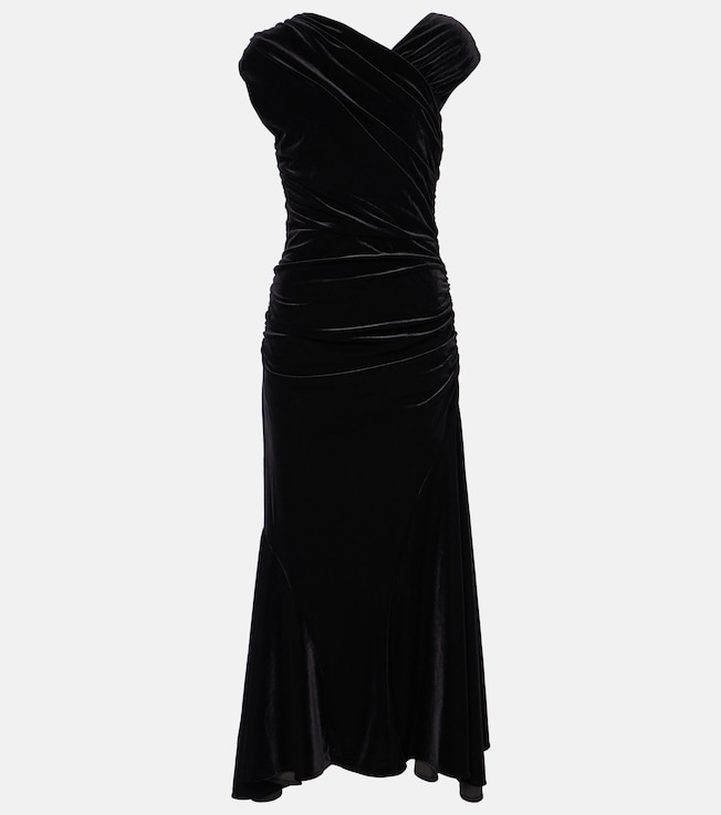 Asymmetric ruched velvet midi dress | Ganni