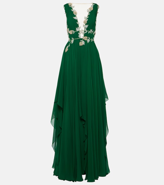 Embroidered V-neck draped silk gown | Costarellos