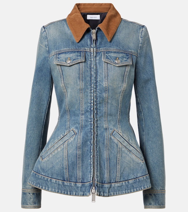 Peplum corduroy-trimmed denim jacket | McQueen