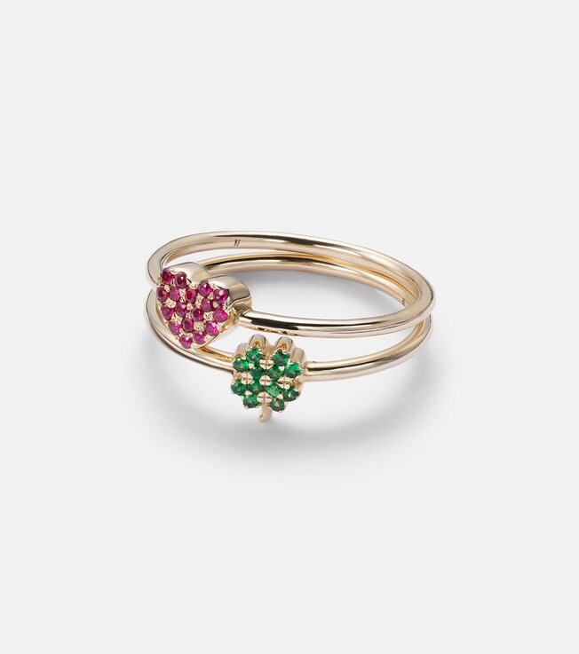 Clover and Heart 14kt gold ring set with tsavorite and sapphire | Roxanne First